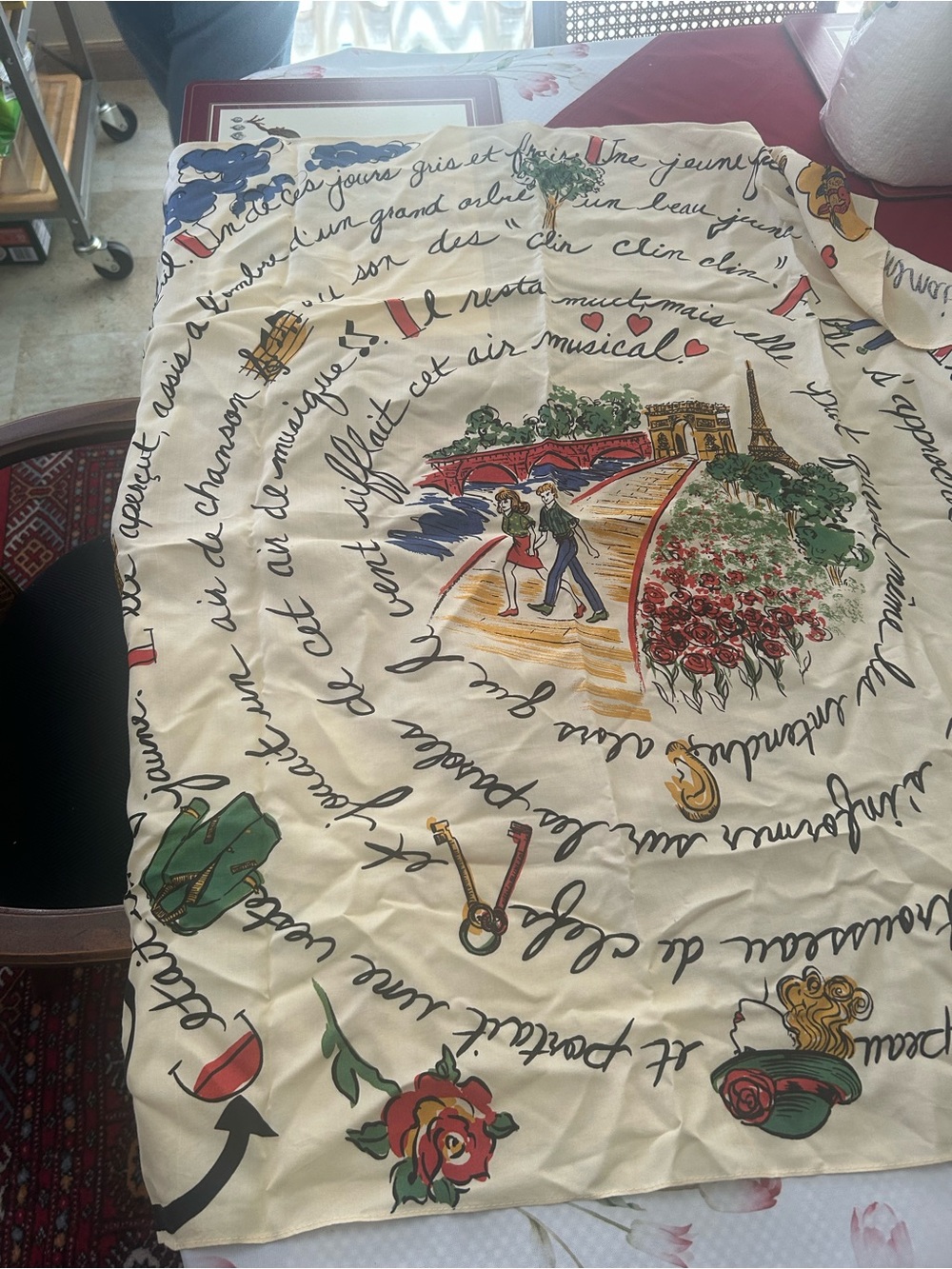 Parisian Scenic Silk Scarf with Script and Floral Motifs